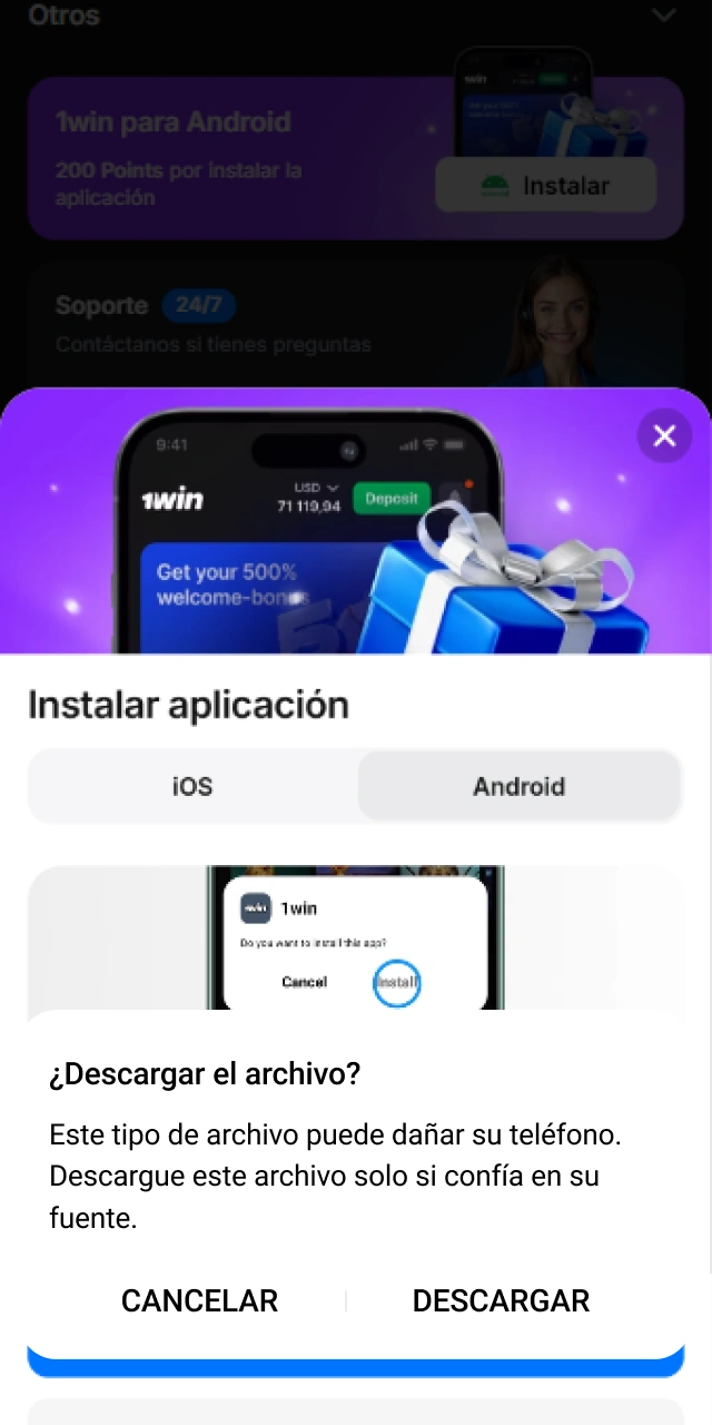 Confirma la descarga del archivo de instalación de 1win en la ventana de alerta que aparece en tu navegador.