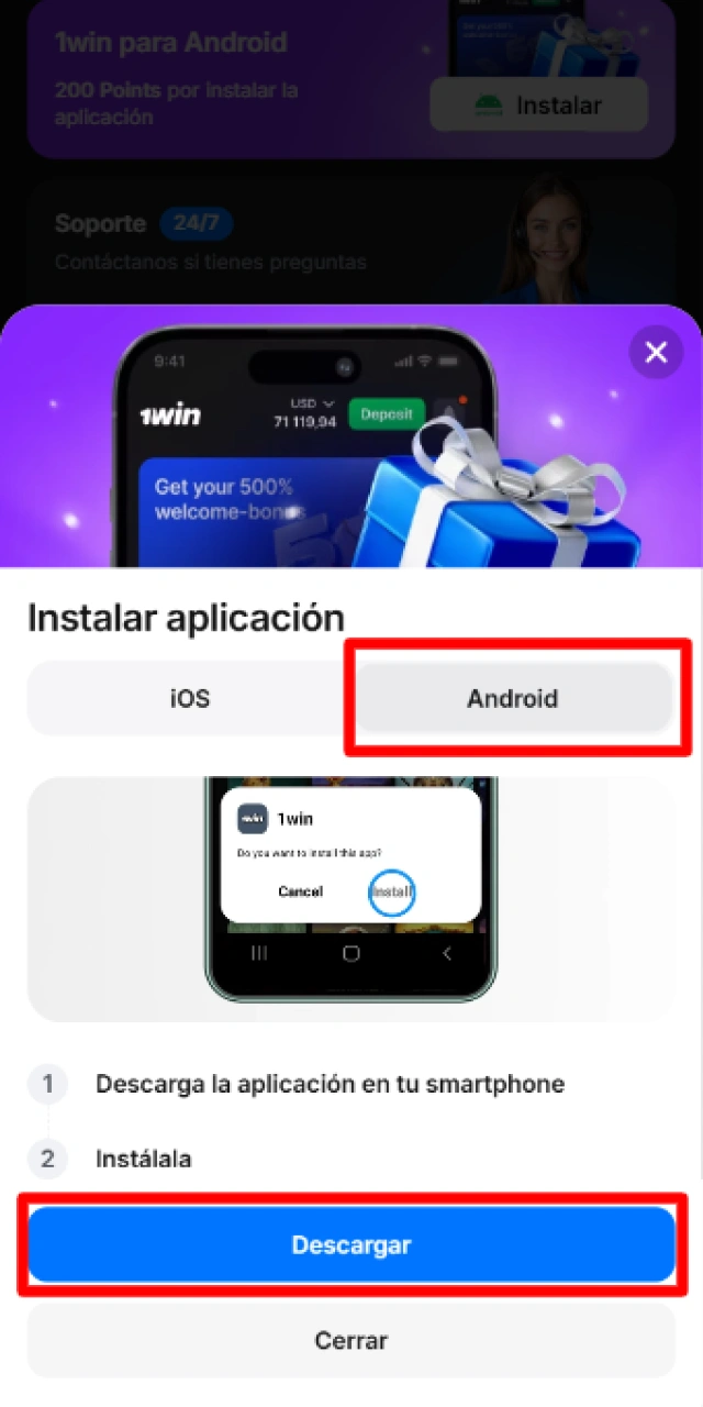 Haz clic en el botón de descarga para iniciar la obtención del archivo APK oficial de 1win en tu dispositivo.