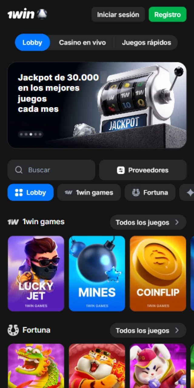 Sección de juegos de casino y tragamonedas optimizada dentro de la aplicación de 1win Perú.