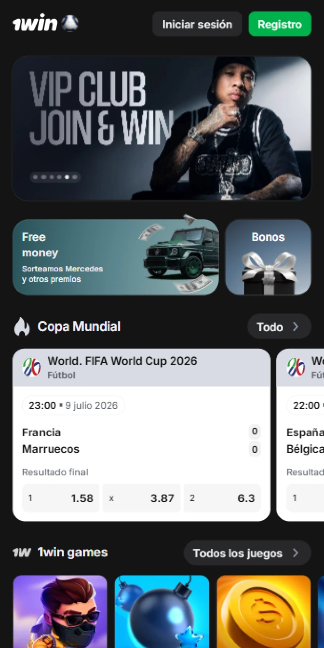 Vista de la interfaz de inicio de la aplicación móvil de 1win Perú en un teléfono inteligente.