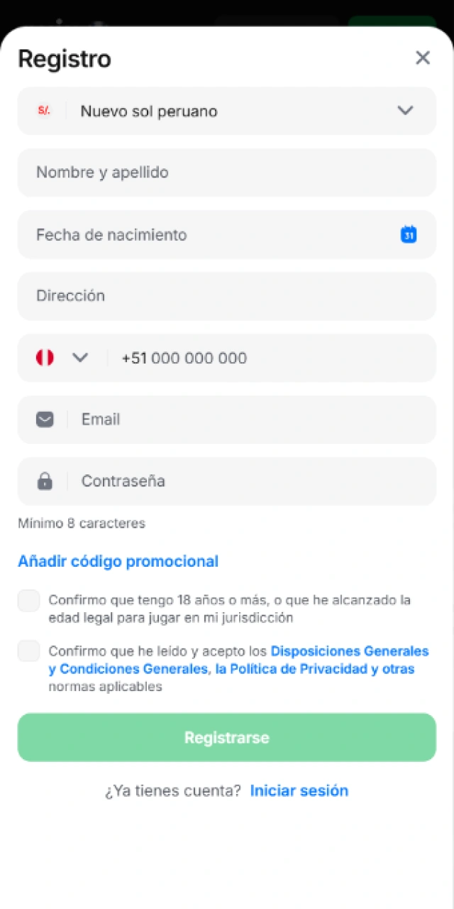 Formulario de registro oficial para crear una cuenta nueva desde la aplicación de 1win Perú.