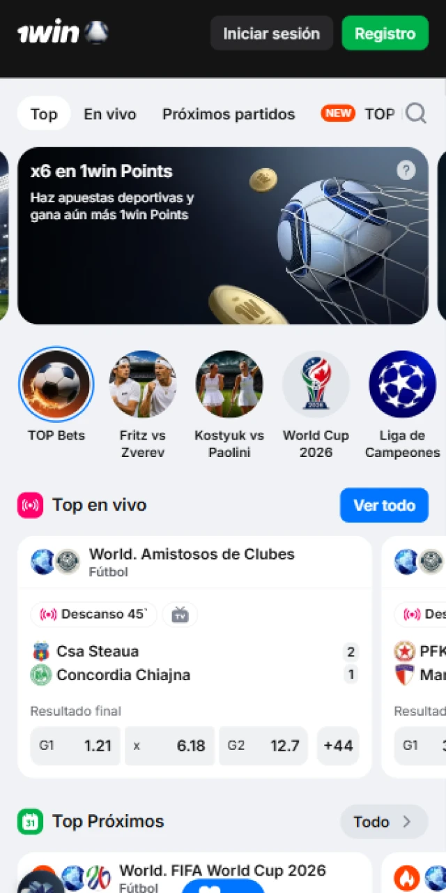 Interfaz de apuestas deportivas con los mercados y cuotas disponibles en la app móvil de 1win Perú.