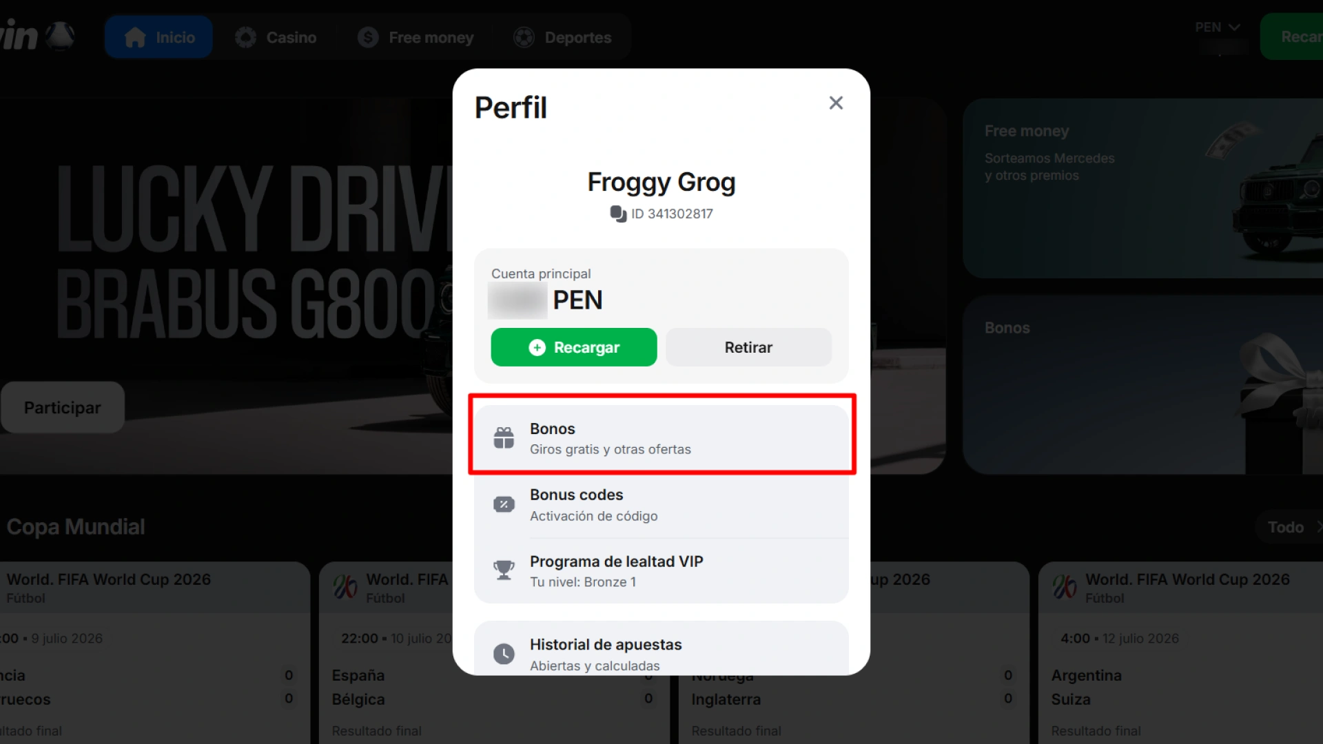Dirígete a la sección de bonificaciones en tu cuenta personal para activar tu paquete de bienvenida de 1win.