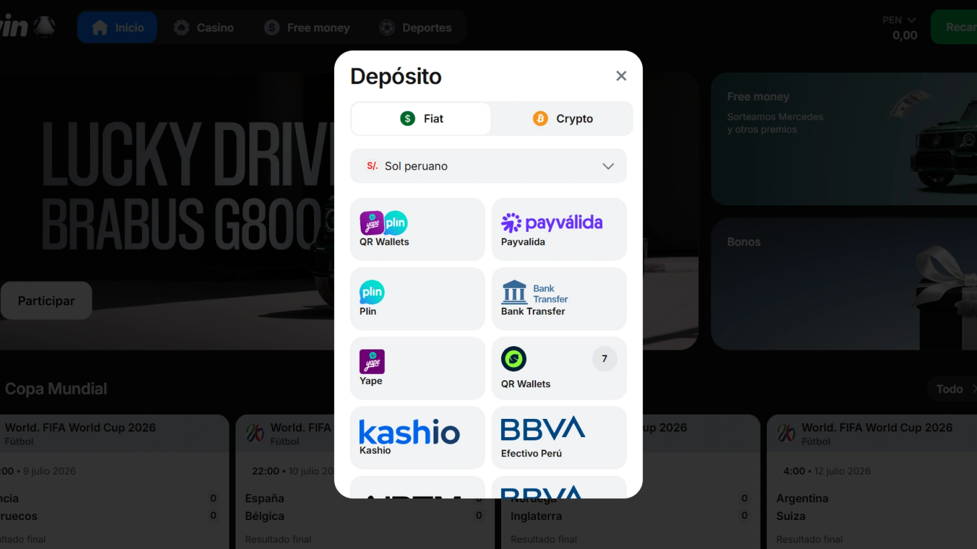 Haz tu primera recarga de saldo en soles utilizando los métodos de pago seguros disponibles en 1win Perú.