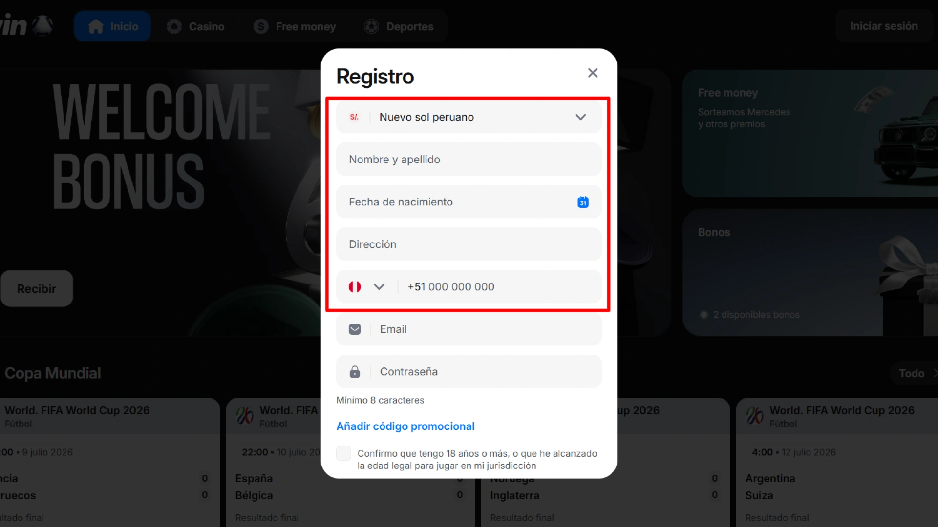 Introduce tus datos personales obligatorios, como número de teléfono, correo electrónico y una contraseña segura en el formulario de 1win.