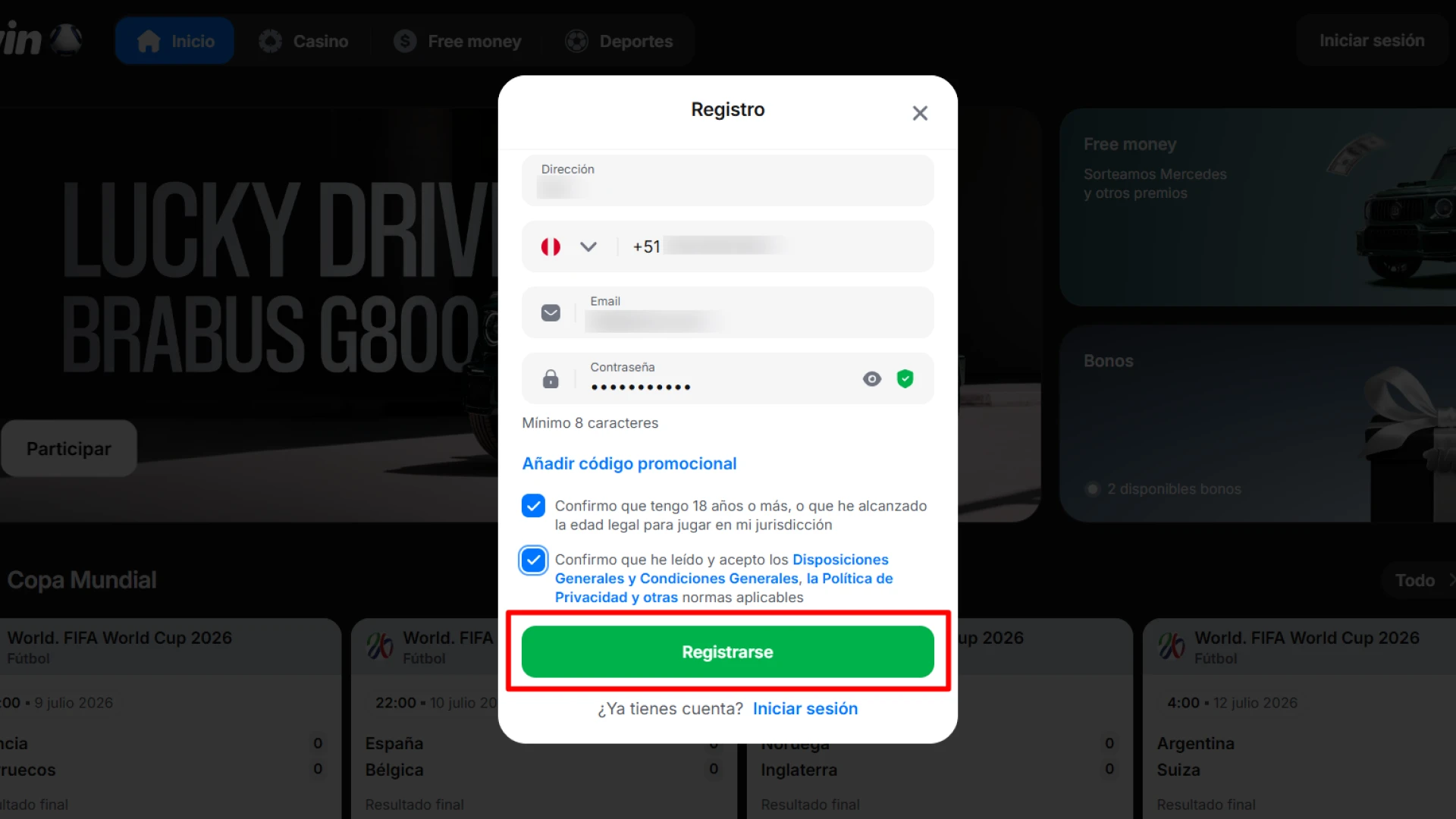 Presiona el botón final para confirmar la creación de tu perfil y completar con éxito tu registro en 1win.
