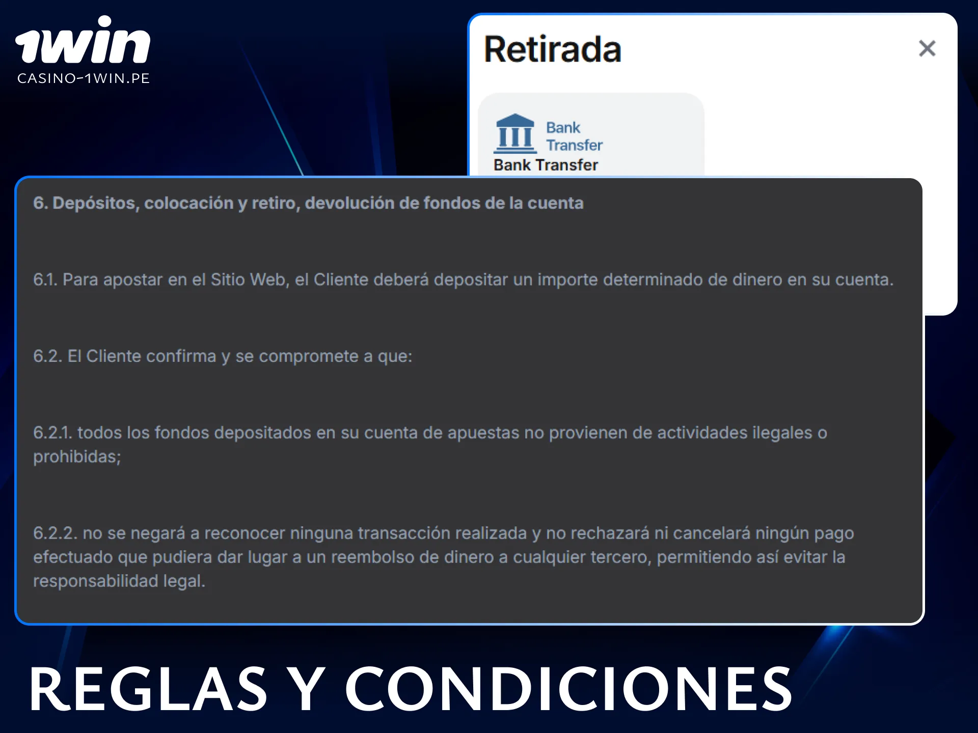 Lee atentamente las reglas y condiciones oficiales establecidas por la plataforma para poder realizar retiros en 1win.