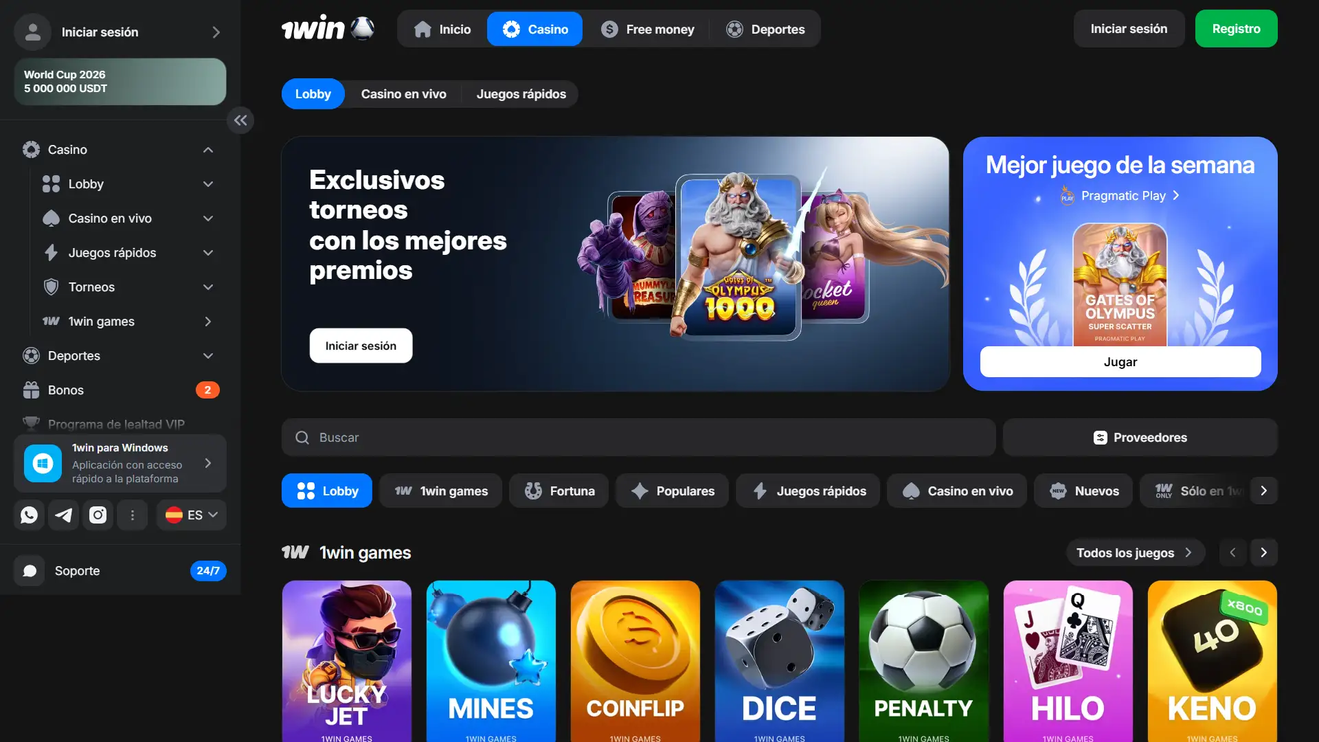 Lobby interactivo con la variedad de juegos de casino en línea disponibles en 1win Perú.
