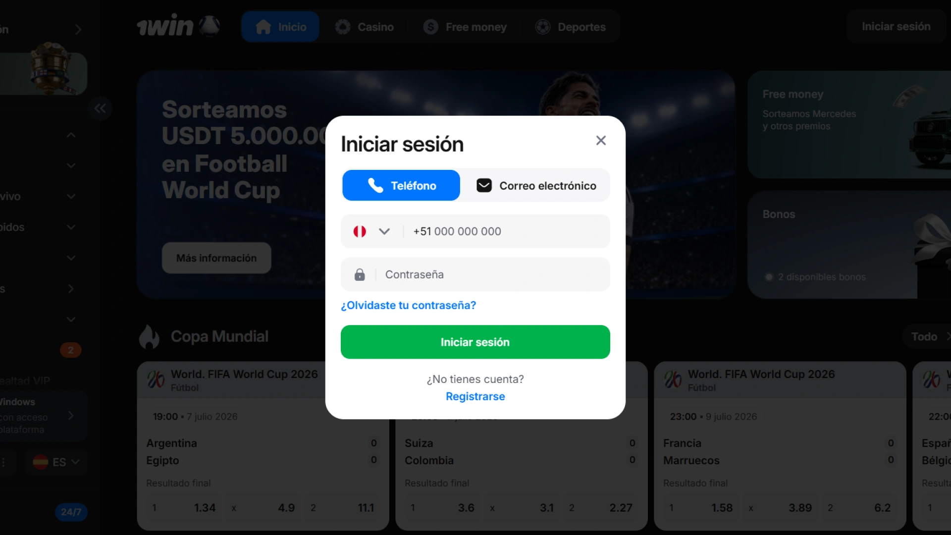 Ventana de inicio de sesión seguro para acceder a la cuenta personal de 1win Perú.