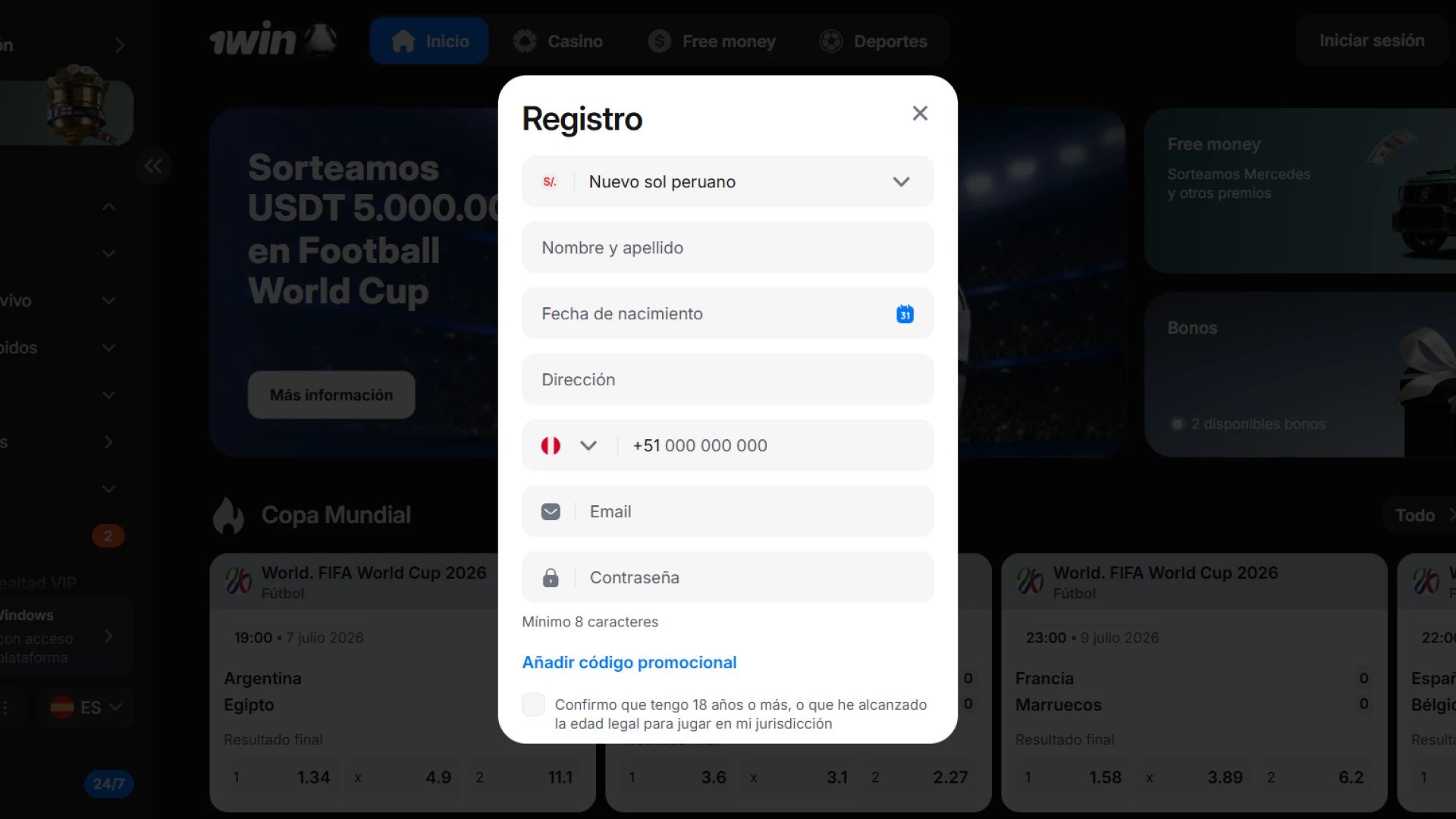 Formulario de registro oficial para crear una cuenta nueva de usuario en 1win Perú.