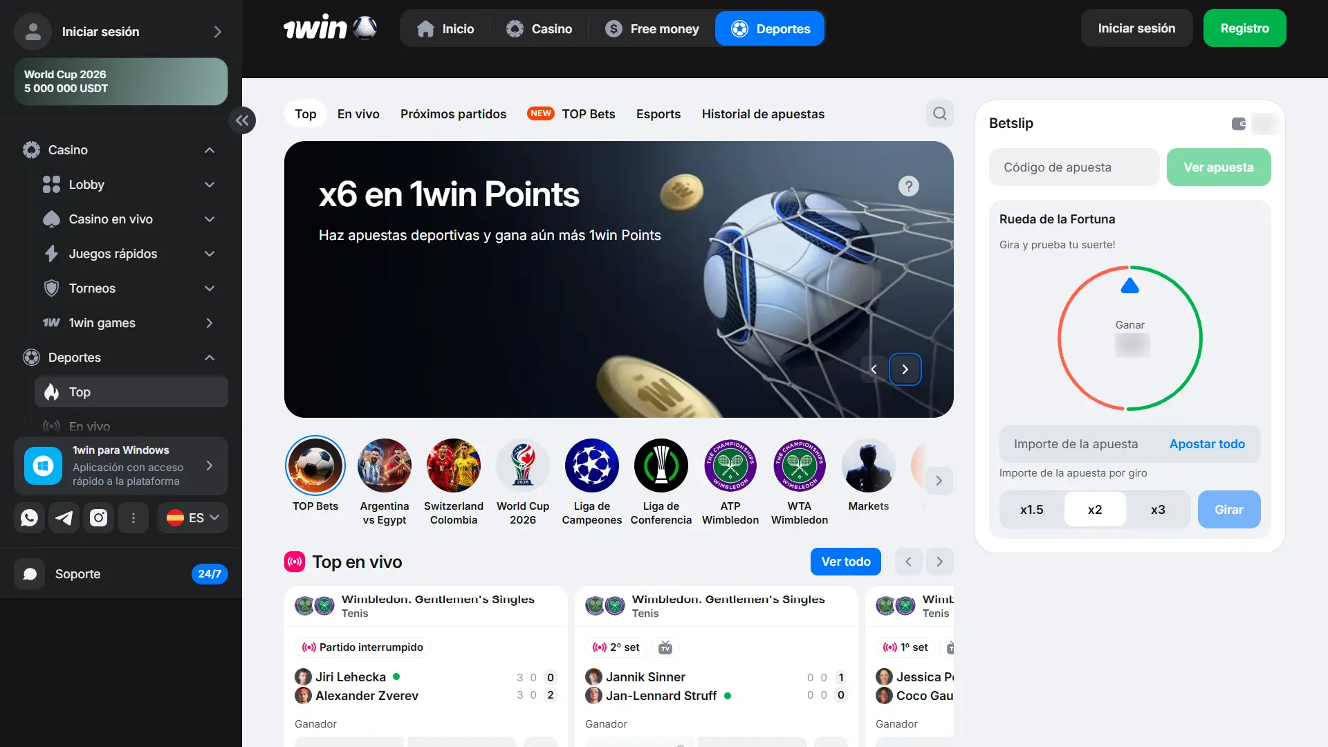 Sección principal de apuestas deportivas con mercados y cuotas en la plataforma de 1win Perú.